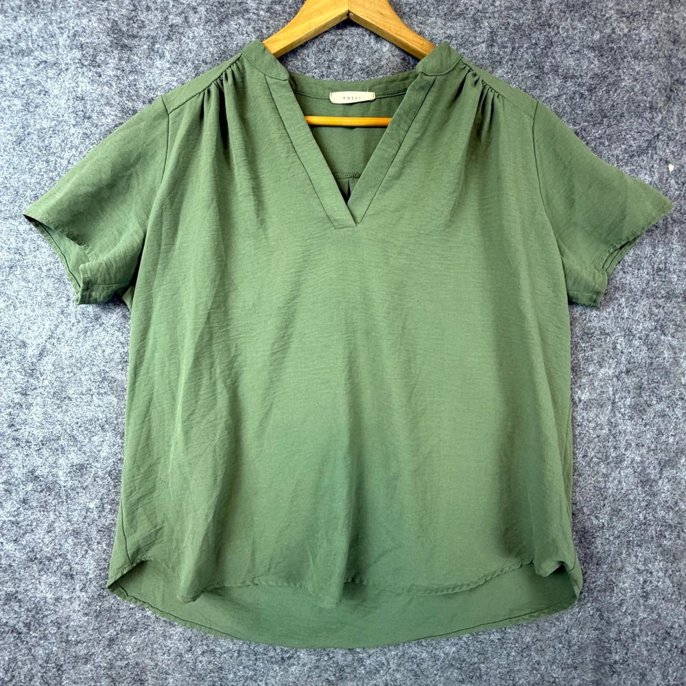 Entro Blouse Top Womens Large Green Pleated Shoulders Casual Office Beach Summer
